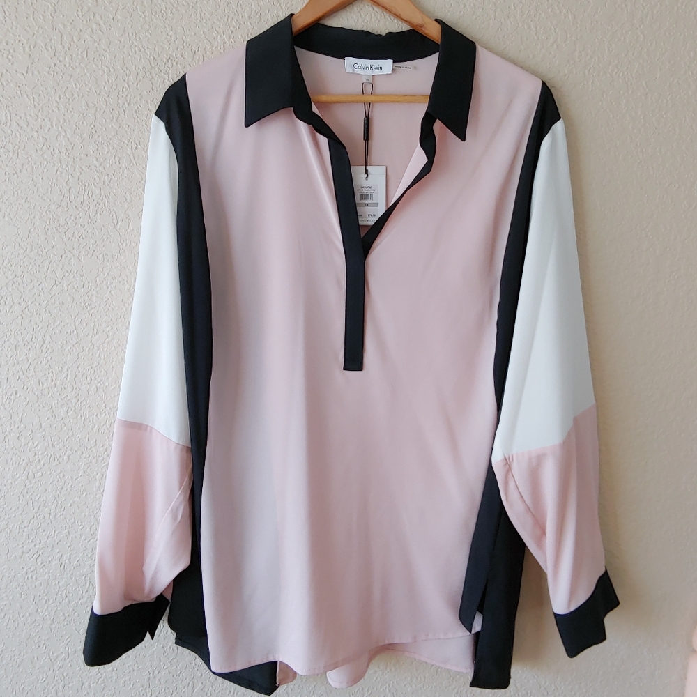 Calvin Klein Long Sleeve Color Block Blouse 1X NWT
